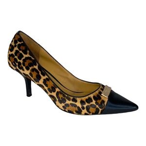 Coach Zan Leopard Print Calf Hair Pump Pointed Toe Heel Black Leather sz 6 US